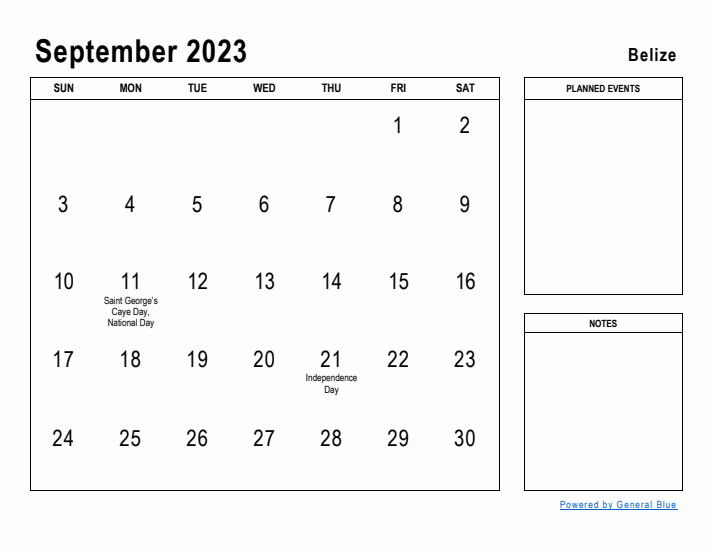 September 2023 Printable Monthly Calendar with Belize Holidays