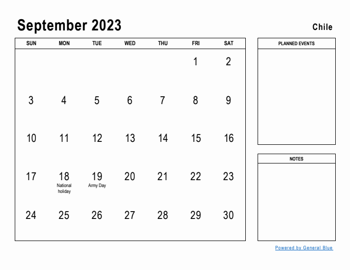 September 2023 Printable Monthly Calendar with Chile Holidays