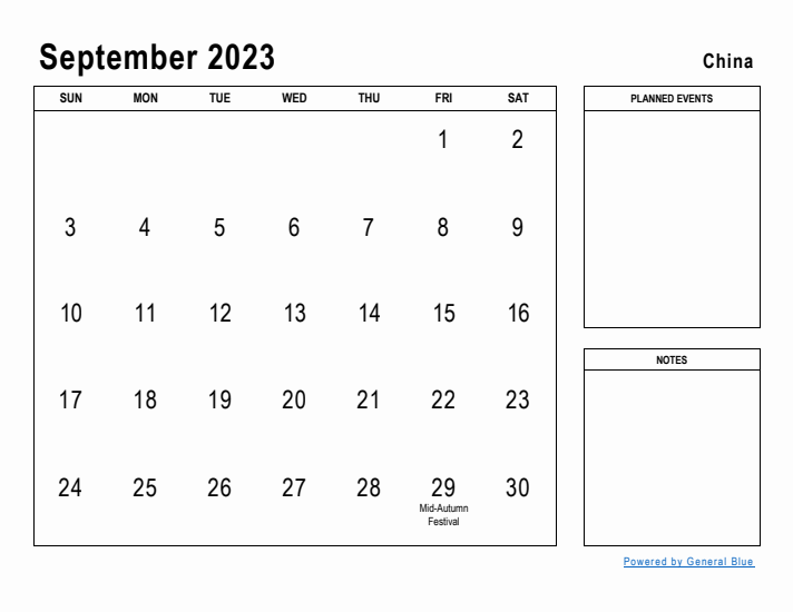 September 2023 Printable Monthly Calendar with China Holidays