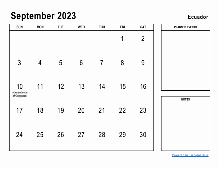 September 2023 Printable Monthly Calendar with Ecuador Holidays