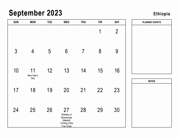 September 2023 Printable Monthly Calendar with Ethiopia Holidays