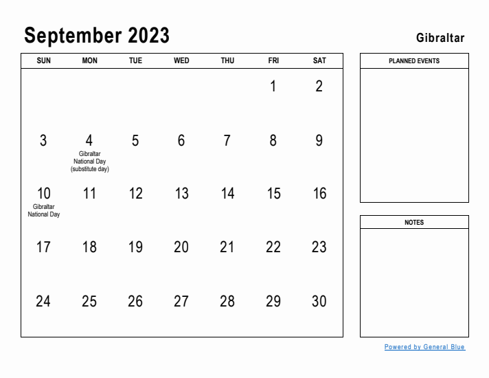 September 2023 Printable Monthly Calendar with Gibraltar Holidays