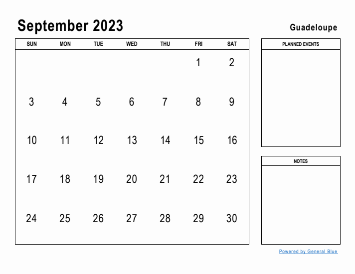 September 2023 Printable Monthly Calendar with Guadeloupe Holidays