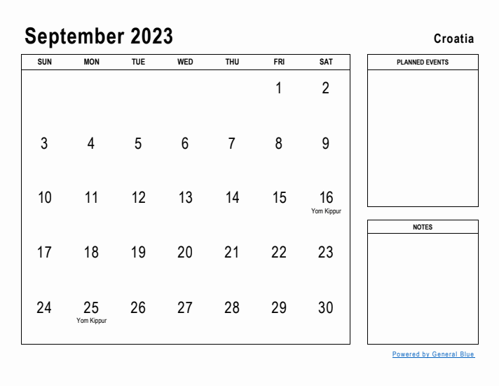 September 2023 Printable Monthly Calendar with Croatia Holidays