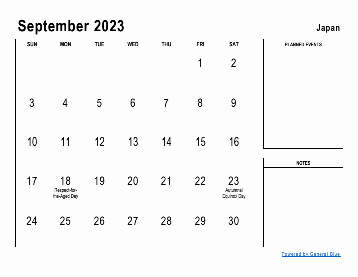 September 2023 Printable Monthly Calendar with Japan Holidays