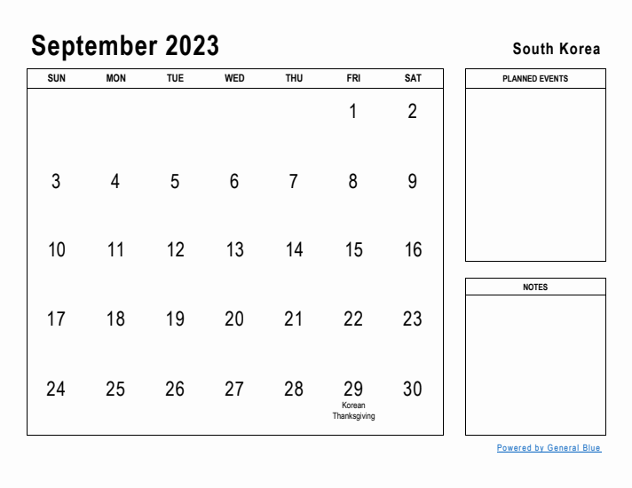 September 2023 Printable Monthly Calendar with South Korea Holidays