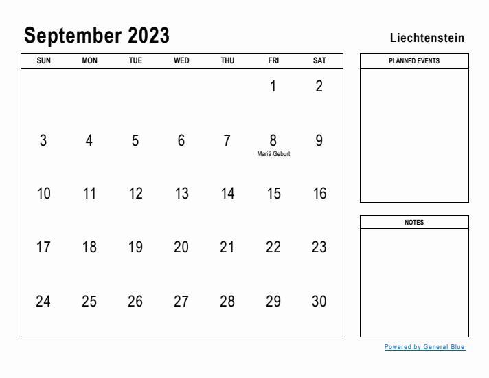 September 2023 Printable Monthly Calendar with Liechtenstein Holidays