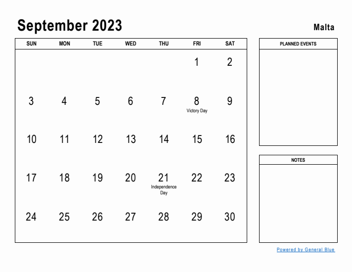 September 2023 Printable Monthly Calendar with Malta Holidays