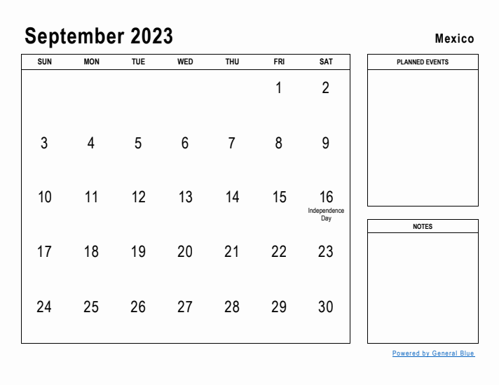 September 2023 Printable Monthly Calendar with Mexico Holidays