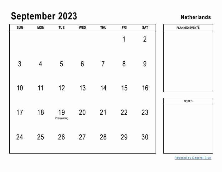 September 2023 Printable Monthly Calendar with The Netherlands Holidays