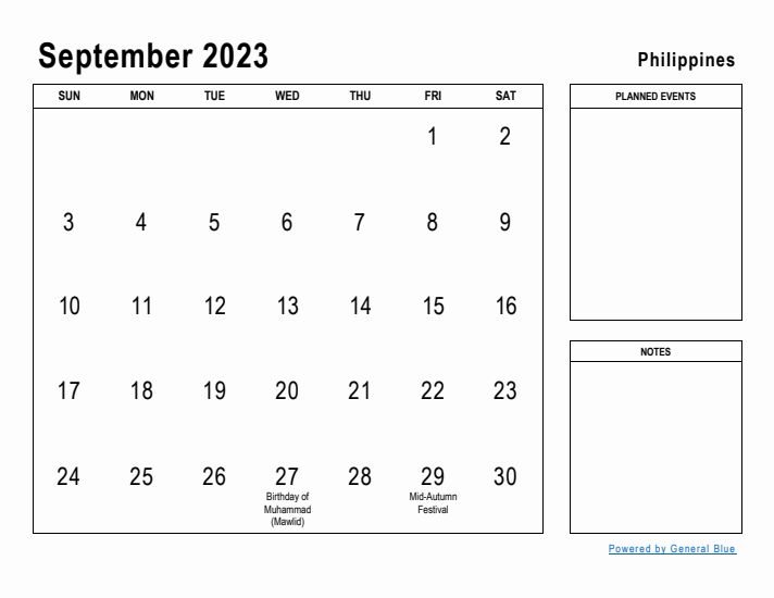 September 2023 Printable Monthly Calendar with Philippines Holidays