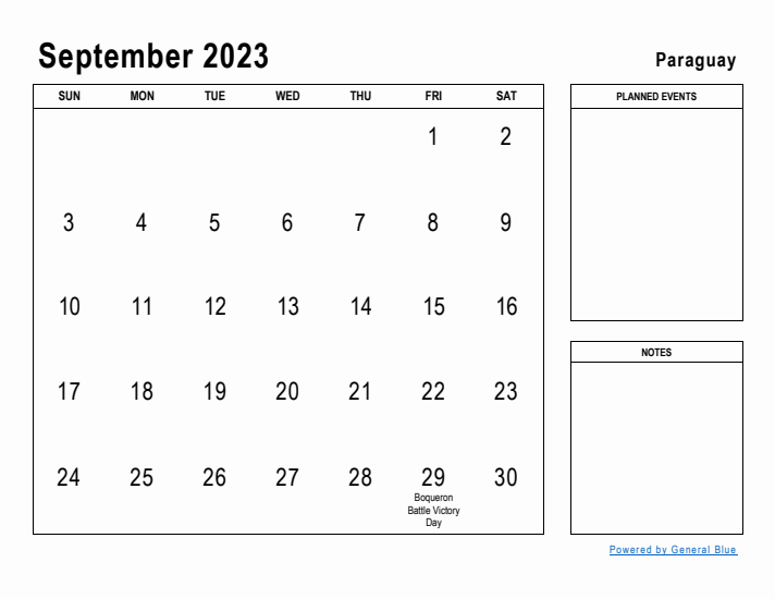 September 2023 Printable Monthly Calendar with Paraguay Holidays