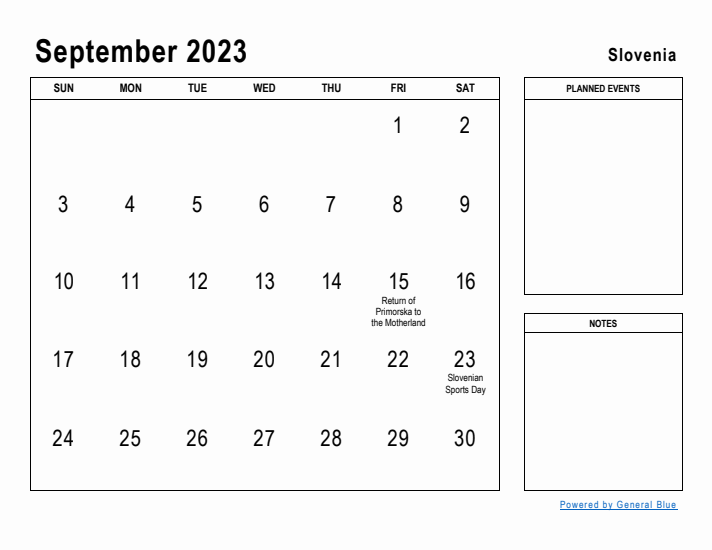 September 2023 Printable Monthly Calendar with Slovenia Holidays