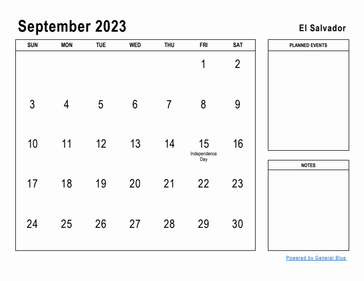 September 2023 Printable Monthly Calendar with El Salvador Holidays