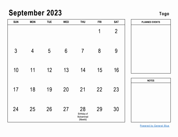 September 2023 Printable Monthly Calendar with Togo Holidays