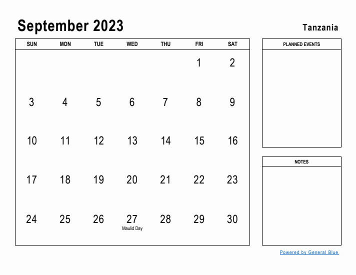 September 2023 Printable Monthly Calendar with Tanzania Holidays