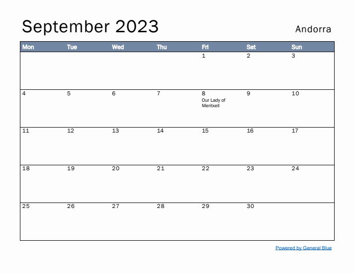 September 2023 Simple Monthly Calendar for Andorra