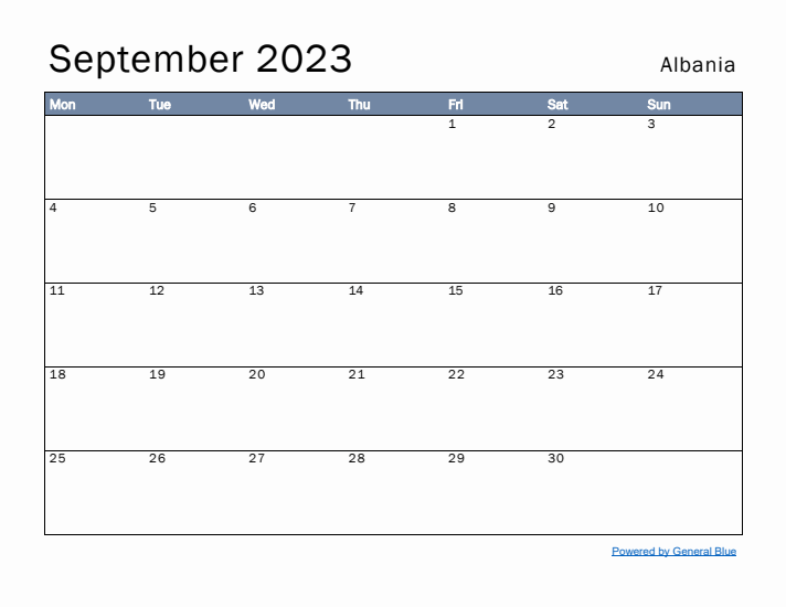 September 2023 Simple Monthly Calendar for Albania