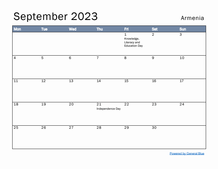 September 2023 Simple Monthly Calendar for Armenia