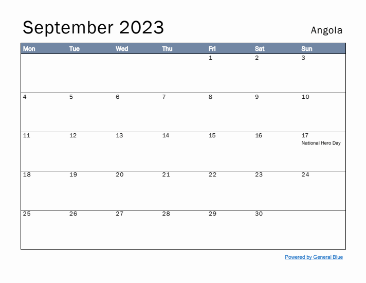 September 2023 Simple Monthly Calendar for Angola