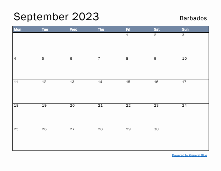 September 2023 Simple Monthly Calendar for Barbados