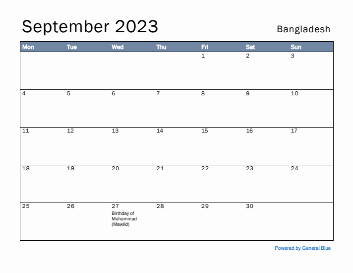 September 2023 Simple Monthly Calendar for Bangladesh