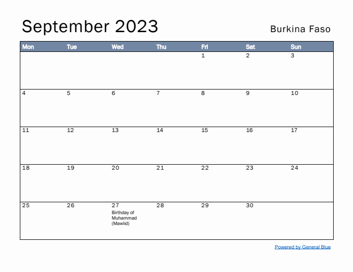 September 2023 Simple Monthly Calendar for Burkina Faso