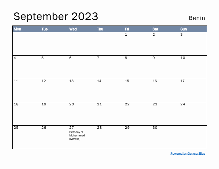 September 2023 Simple Monthly Calendar for Benin