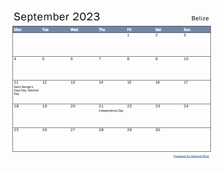 September 2023 Simple Monthly Calendar for Belize