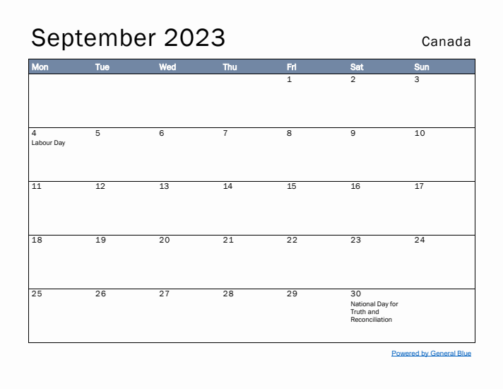 September 2023 Simple Monthly Calendar for Canada