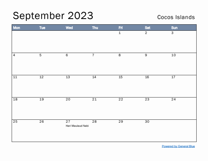 September 2023 Simple Monthly Calendar for Cocos Islands