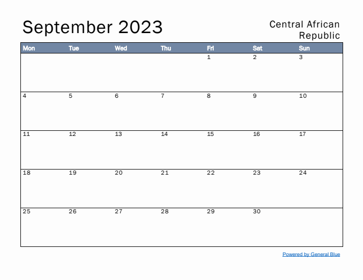 September 2023 Simple Monthly Calendar for Central African Republic