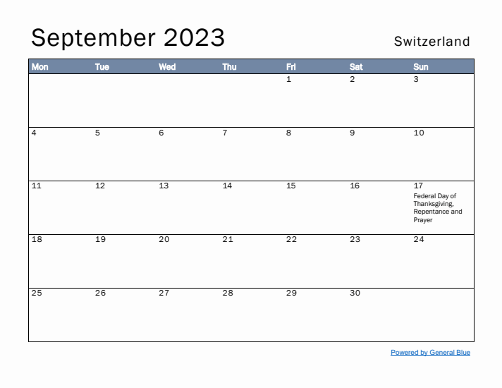 September 2023 Simple Monthly Calendar for Switzerland