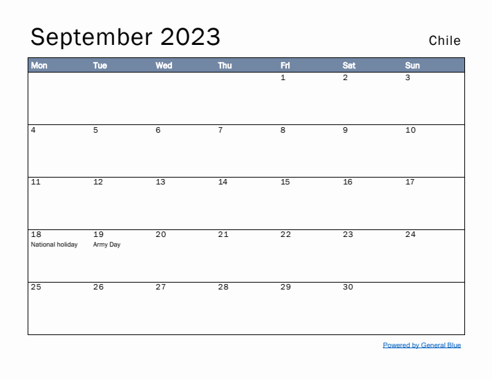 September 2023 Simple Monthly Calendar for Chile