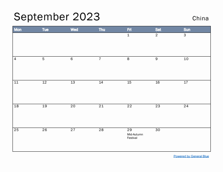 September 2023 Simple Monthly Calendar for China