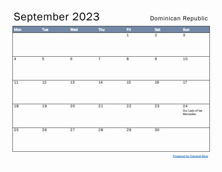 September 2023 Simple Monthly Calendar for Dominican Republic