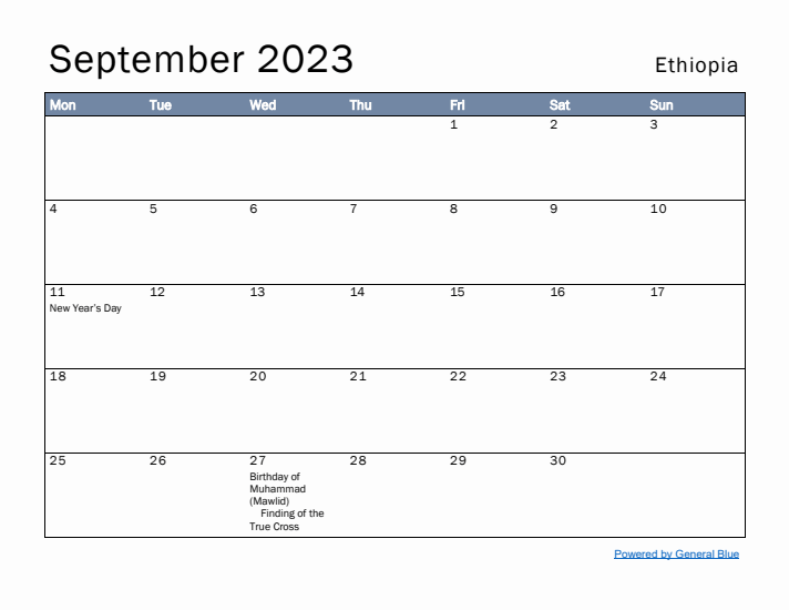 September 2023 Simple Monthly Calendar for Ethiopia