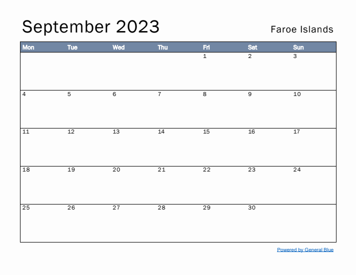 September 2023 Simple Monthly Calendar for Faroe Islands