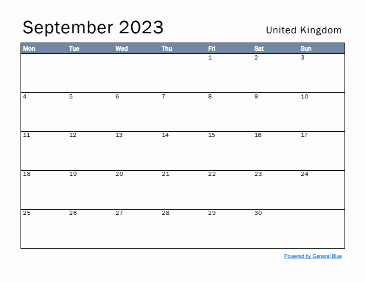 September 2023 Simple Monthly Calendar for United Kingdom