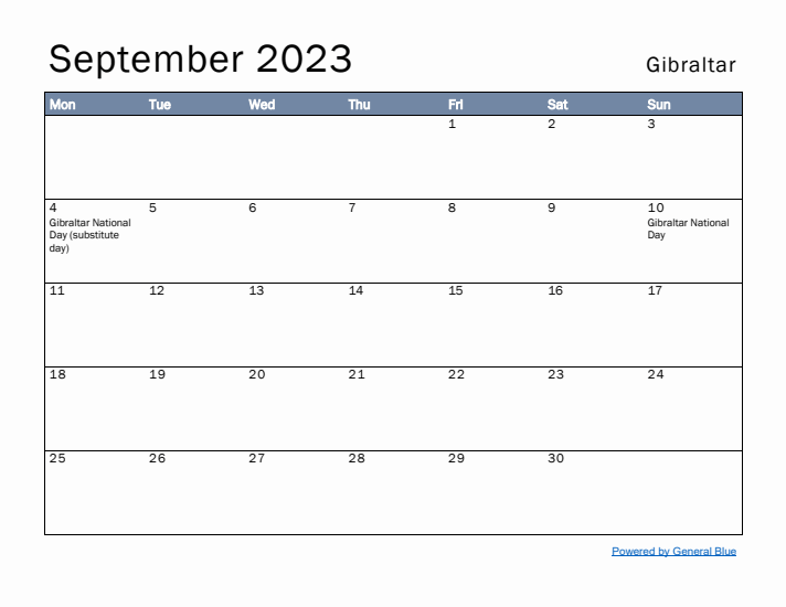 September 2023 Simple Monthly Calendar for Gibraltar