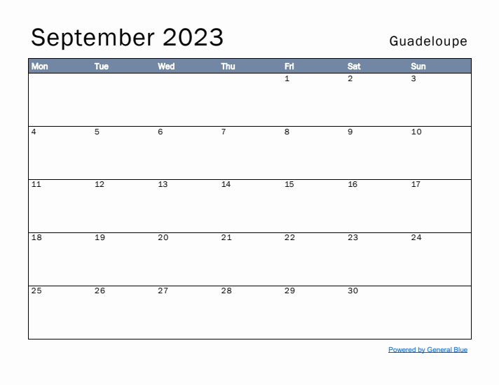 September 2023 Simple Monthly Calendar for Guadeloupe