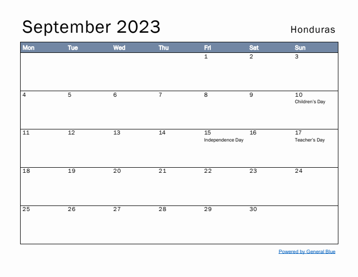 September 2023 Simple Monthly Calendar for Honduras