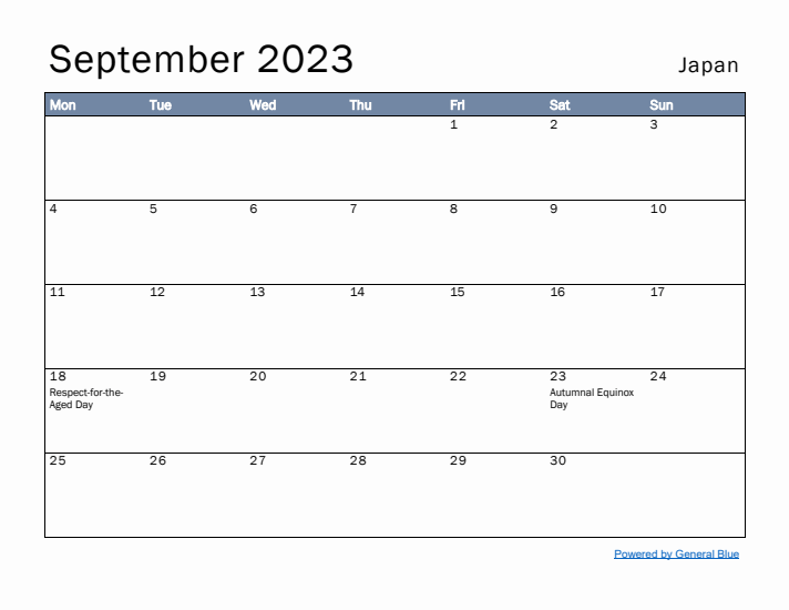 September 2023 Simple Monthly Calendar for Japan