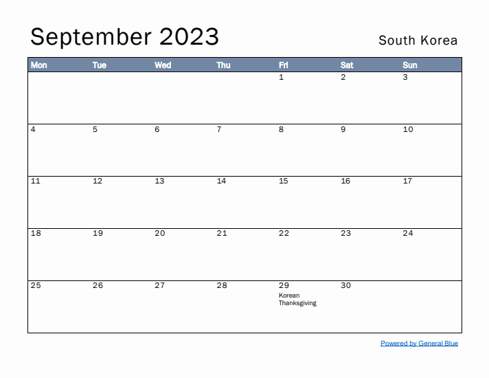 September 2023 Simple Monthly Calendar for South Korea