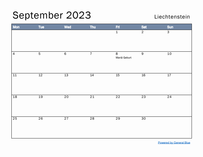 September 2023 Simple Monthly Calendar for Liechtenstein