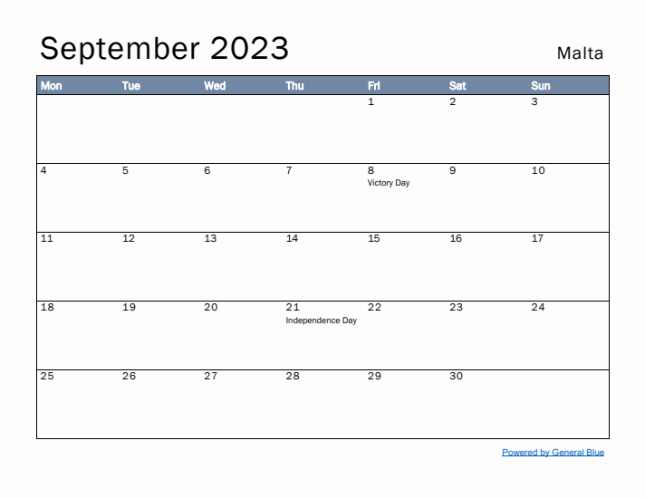 September 2023 Simple Monthly Calendar for Malta