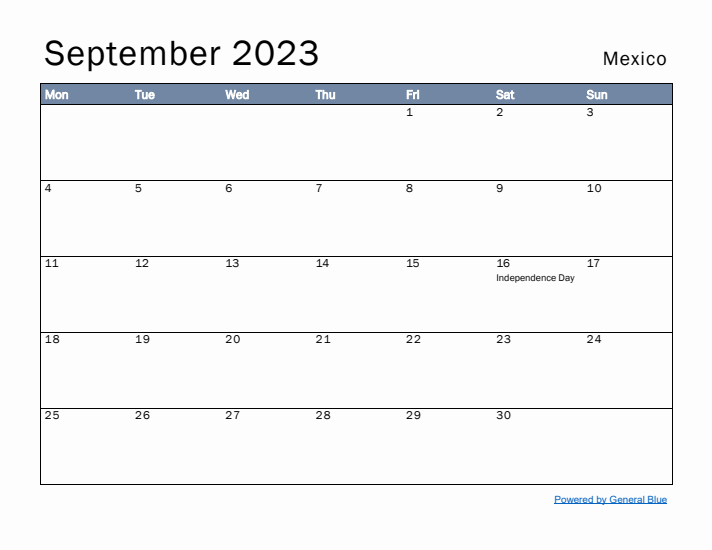 September 2023 Simple Monthly Calendar for Mexico