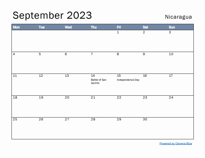 September 2023 Simple Monthly Calendar for Nicaragua