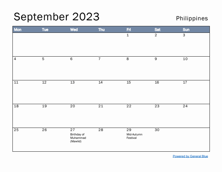 September 2023 Simple Monthly Calendar for Philippines