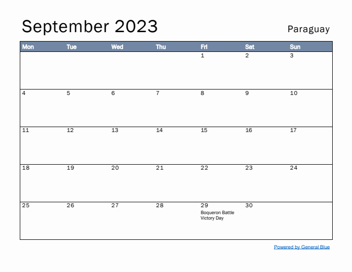 September 2023 Simple Monthly Calendar for Paraguay